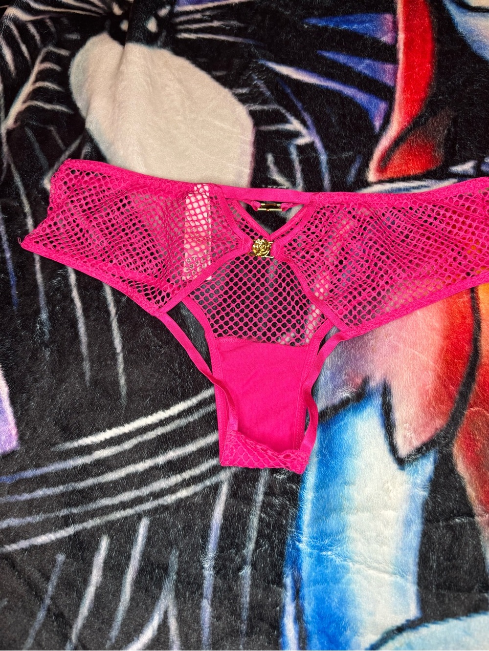 Victoria's Secret Neon Pink Mesh Lace Bikini Bottoms with Gold Accents